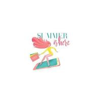 Lettering Summer is here on card with girl surfing on smartphone in a hurry to sale with shopping bags. Discount banner, advertising. Modern flat vector illustration with textures on white background