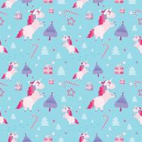 Christmas seamless pattern with unicorns, fir trees, candy cane, gift boxes on blue background. Holiday template with Xmas unicorn, festive flat cartoon elements. Design for wrapping, fabric, print. vector
