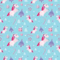 Christmas seamless pattern with unicorns, fir trees, candy cane, gift boxes on blue background. Holiday template with Xmas unicorn, festive flat cartoon elements. Design for wrapping, fabric, print. vector