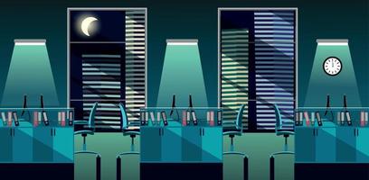 Flat vector illustration of modern office room interior with large windows in skyscraper with tables and PC at night. Open space for 6 people. Order on tables, document folders, turquoise moon light