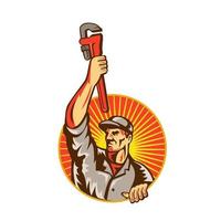 Plumber Raising Up Monkey Wrench Circle Retro vector