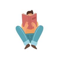 Guy sitting on a floor and reading a book isolated on white background. Front view. Book lover isolated concept. Vector illustration in a flat cartoon style.