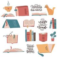 Colorful books icons set. Learn and study collection with lettering quotes. With opened book, closed book, stack. Education and knowledge concept. Flat vector hand drawn illustration.