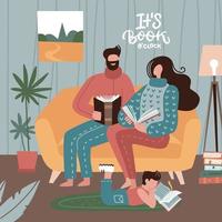 Mother and father with child sitting on sofa and reading books. Parents with son spending time at home. Cozy interior. Vector flat style illustration. it s book time - lettering text.