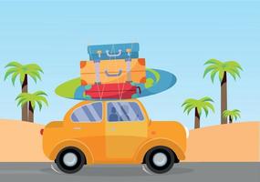 viajando en auto amarillo con montones de bolsas de equipaje en el techo y con tablas de surf en la playa con palmeras. turismo de verano, viajes, viaje. ilustración vectorial de dibujos animados plana. vista lateral del coche con un montón de maletas vector