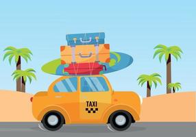 Little yellow taxi car riding along sea coast with stack of suitcases on roof. Flat cartoon vector illustration. Car side View with surfboard. Southern landscape with palms. Taxi transfer on vacation