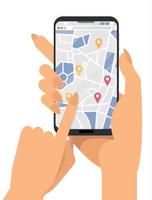 Female hands holding smartphone with mobile gps navigation and city map with geolocation signs on the screen. A woman orders a taxi or wants to rent a car Vector flat cartoon illustration