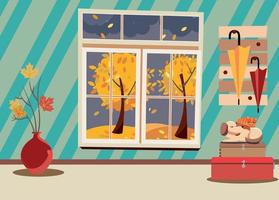 Window with view of yellow trees and foliage. Autumn brown interior with branches in vase, sleeping cat and dog on suitcases and umbrellas on hanger. Evening good weather outside. Flat cartoon vector