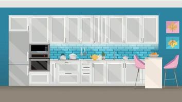 ilustración plana cocina blanca sobre fondo azul con accesorios de cocina: nevera, horno, microondas. mesa de comedor con 4 sillas junto a la ventana con cortinas transparentes, té, tetera. vector de dibujos animados plana.