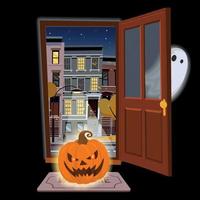 Flat halloween door with angry glowing pumpkin and a Ghost hiding. Open door into autumn starry night view with yellow trees. Cartoon style vector illustration. Street cityscape on black background