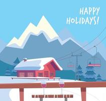View from the ski cafe at a table with glasses of red wine. Ski resort with lift, house and winter mountains landscape. Flat cartoon style vector illustration.