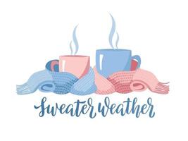 Two mugs in scarf. Cozy composition of 2 cups with lettering Sweater weather. Mugs wrapped in knitted warm scarf. warming atmosphere for hanging out.Flat cartoon style illustration on white background vector