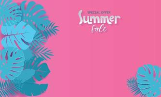 Horizontal summer sale banner with paper cut tropical leaves on pink background. Exotic floral design for banner, invitation, , web, greeting card with place for text. Papercut vector illustration