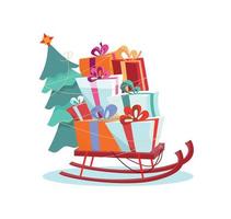 Children's sled with pile of presents and a Christmas tree on a white background. Volume multicolored gift boxes are beautifully decorated with ribbons and bows. Flat cartoon style vector illustration