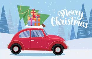 Festive postcard with lettering - retro car with presents, christmas tree on roof. Little red car carrying gift boxes.Vehicle car side view. Winter snowy forest around.Flat vector cartoon illustration
