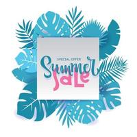 Monstera palm leaves Summer Sale Banner design in paper cut style. Origami white sheet with hand lettering Special offer with shadow. Summertime jungle floral background. Square frame for text. vector