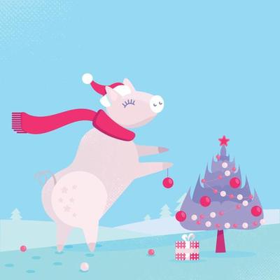Christmas pig in Santa Claus hat and sharf decorates Christmas tree with balls. Gentle pink and blue colors. Flat cartoon style illustration with textures and gradients
