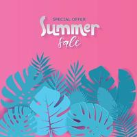 Square Summer sale banner design with paper cut tropical palm leaves background with hand drawn lettering qoute. Vector illustration. Exotic Hawaiian Monstera jungle floral background. Special offer.