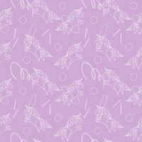 Unicorn vector seamless pattern. White outline icon on lilac backgound. Cute magic cartoon fantasy animal. rhythmic gymnastics symbol. Design for children, textile texture, baby interior