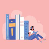 Young woman sitting near a pile of books with headphones on her head. Audiobook concept. Books reading online. Flat vector illustration on pink background.