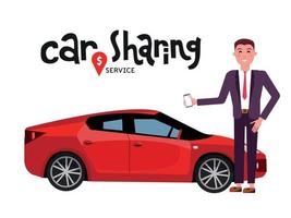 Composition with automobile and businessman in suit with mobile phone standing beside red sports car for rent. Carsharing or car rental service. Hand drawn lettering. Vector flat cartoon illustration