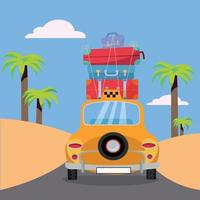 Little yellow taxi car riding to sea coast with stack of suitcases on roof. Flat cartoon vector illustration. Car back View with surfboard. Southern landscape with palms. Taxi transfer on vacation