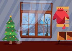 Evening interior of the hallway with large window and hanger with red jacket and mittens. Transparent tulle on wooden window hides a winter landscape, decorated Christmas tree near gray striped wall vector