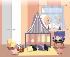 Newborn kid or nursery room interior flat vector illustration of bedroom furniture. Childrens room in warm yellow pink colors with toys, easy chair, bed with canopy, window with autumn landscape