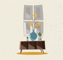 Illustration of an interior group. A coffee table with a glass vase, indoor plants and posters on the wall. Beige wall with rough texture. Flat cartoon style vector illustration.