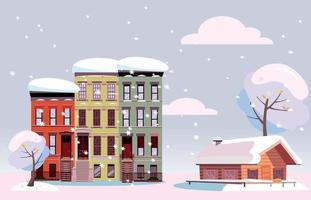 Winter Urban and Countryside Landscape. Citiscape versus suburb. Urban landscape with three-story houses and suburb with private house. Flat Vector illustration. Cloudy snowy day