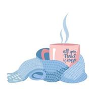 Pink mug with coffee wrapped light blue magenta scarf. Hand drawn lettering cup inscription All you need is coffee. Flat cartoon style illustration isolated on white background vector