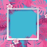 Trendy Summer Tropical palm pink Leaves with white square frame Vector Design. Paper cut Frame from monstera,banana leaf. Vector illustration in blue background with free space for text. Greeting card