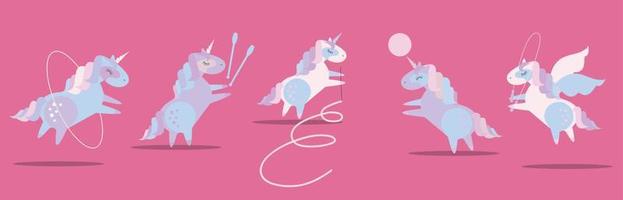 Cute plump unicorns in rhythmic gymnastics. Set of baby pony doing rhythmic gymnastics with ribbon, ball, hoop, skipping rope. Flat cartoon style illustration on color magenta background vector