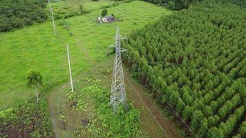 antenne visie van hoog Spanning pylonen en macht lijnen in de buurt een eucalyptus Woud in een tropisch land. natuurlijk landschap achtergrond. video