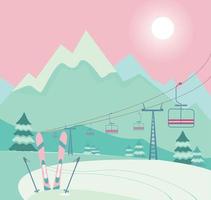 Winter snowy landscape with Ski equipment skis and ski poles, lift, trail, Alps, fir trees, sunny weather, mountains panoramic background. Ski resort season is open. Winter web banner design. vector