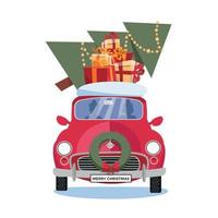 ilustración de dibujos animados de vector plano de coche retro con cajas de regalo, nieve y árbol de Navidad en el techo sobre fondo blanco. pequeño clásico rojo con conductor. el vehículo se encuentra al frente con corona.