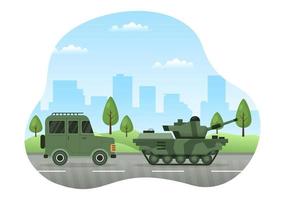 plantilla de fuerza del ejército militar dibujada a mano ilustración plana de dibujos animados lindo con soldado, arma, tanque o equipo pesado de protección vector