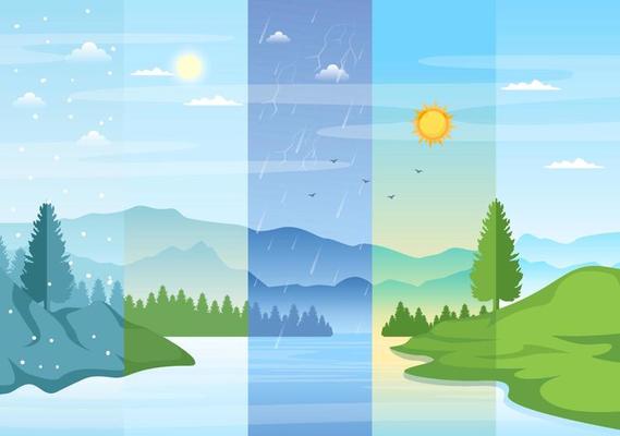 Types of Weather Conditions with Sunny, Cloudy, Windy, Rainy, Snow and Stormy in Template Hand Drawn Cartoon Flat Illustration