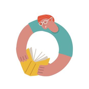 libro de educación y lectura personaje masculino. tipo abstracto leyendo un libro en forma de círculo. escuela, estudio y elemento de diseño universitario. hombre en avatar de anteojos. ilustración vectorial dibujada a mano plana. vector