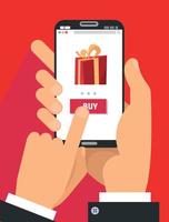 Gift app page on smartphone screen. Two male hands holding smartphone with big gift box on the screen. Mobile concept for web banners, web sites, infographics. Vector cartoon flat illustration.