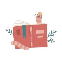Cute cartoon Bookworm with glasses and hat reading behind a book. Flat hand drawn vector illustration.