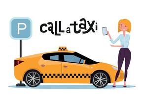 Call a taxi concept. The girl booked a taxi, standing in the parking lot, through the application on the phone. Woman using smartphone to get, order, call taxi. Vector flat cartoon illustration