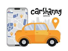 mobile phone with map and big city on background, car sharing service concept. Side view if yellow vehicle. Mobile app for renting car online. Vector flat cartoon illustration