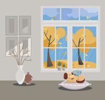 ventana con vista a árboles amarillos y hojas voladoras. interior otoñal con gato y perro durmiendo, jarrones, cuadros en papel tapiz gris. lluvioso buen clima afuera. ilustración de vector de estilo de dibujos animados plana.