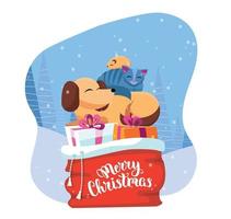 Pets sleeps comfortably on red Santa Claus bag with christmas presents in snowy forest. gift boxes are decorated with ribbons and bows. Lettering Merry Christmas. Flat cartoon vector illustration.