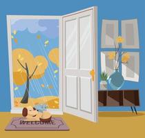 Open door into autumn view with yellow trees. Autumn interior with a coffee table, vases, door mat, sleeping cat and dog. Sunny good weather outside. Flat cartoon style vector illustration.