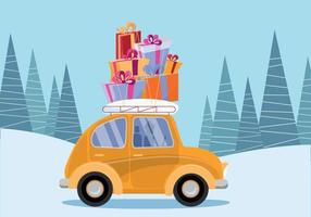Flat vector cartoon illustration of retro car with presents, christmas tree on roof. Little yellow car carrying gift boxes. Vehicle car side view. Winter snowy forest .Flat cartoon style illustration.