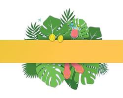 hojas de palma tropical de verano de moda, plantas. estilo de corte de papel. exótico verano hawaiano con gafas de sol, cóctel y chanclas. hermoso fondo floral amarillo. Ilustración de vector de palma monstera