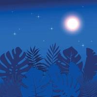 Square tropical web banner template with palm leaves made in 3D paper cut and craft style. Summer night floral jungle background with monstera leaves. Stars and Moon light glowing at night. vector