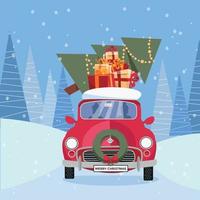 ilustración de dibujos animados de vector plano de coche retro con regalos, árbol de Navidad en el techo. pequeño coche rojo con cajas de regalo. el vehículo se encuentra al frente, decorado con corona. bosque nevado de invierno alrededor